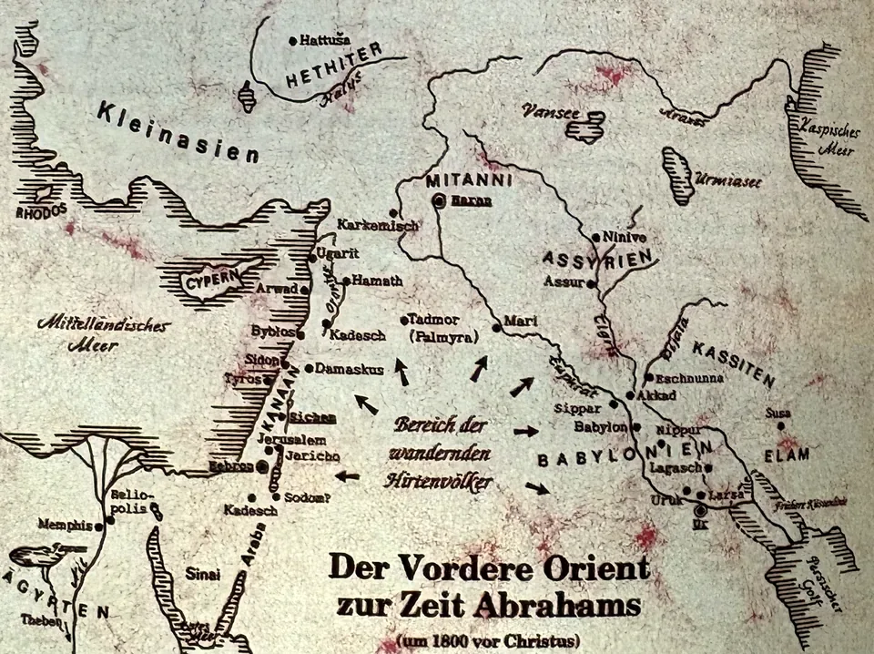 Historische Karte des Vorderen Orients um 1800 vor Christus, von Ägypten und Kleinasien bis zum Persischen Golf. Beschreibung siehe Text unter der Karte.