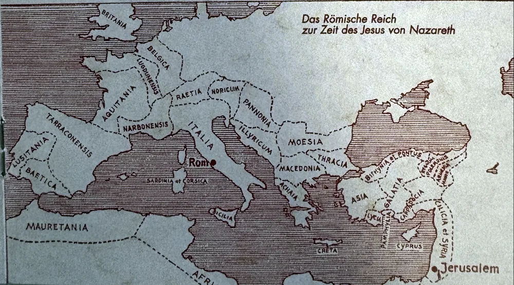 Rote Karte des Römischen Reiches rund um das Mittelmeer. Beschreibung siehe Text unter der Karte.