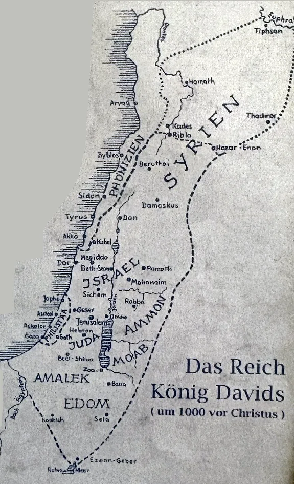 Historische Karte des Reiches König Davids zwischen Mittelmeerküste und Euphrat. Beschreibung siehe Text unter der Karte.