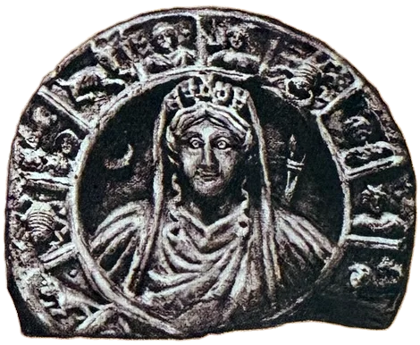 Foto eines halbrunden Steinreliefs: In der Mitte die Büste einer Frau mit Schleier und Krone, daneben eine Mondsichel; ringsum ein Band mit zwölf kleinen Bildfeldern der Tierkreiszeichen.