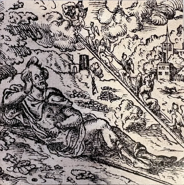 Holzschnitt: Im Vordergrund liegt ein bärtiger Mann schlafend auf dem Boden, den Kopf in die Hand gestützt. Von ihm aus führt eine lange Leiter schräg nach oben in die Wolken, auf der Engel auf- und absteigen; im Hintergrund eine Landschaft mit Kirche und Häusern.