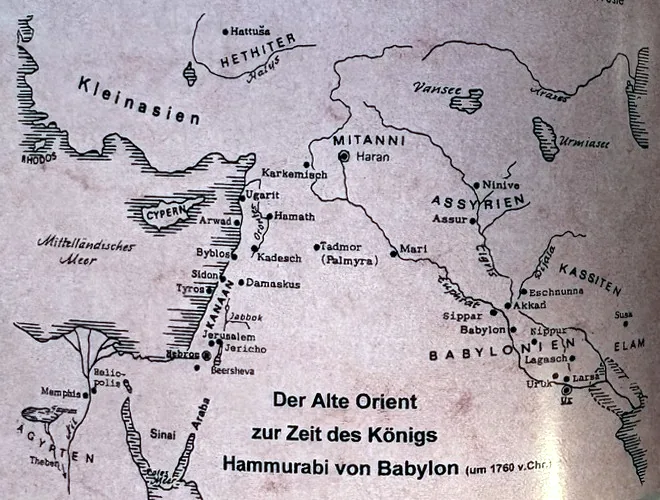 Historische Karte des Alten Orients um 1760 vor Christus, von Ägypten und Kleinasien bis zum Persischen Golf. Beschreibung siehe Text unter der Karte.