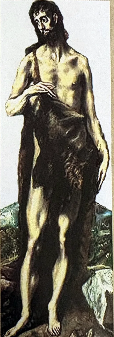 Gemälde: Ein hagerer, bärtiger Mann mit langem dunklem Haar steht in ganzer Figur vor hellem Himmel; er hält mit der rechten Hand ein dunkles Fell vor dem Körper, unten eine niedrige grüne Landschaft.