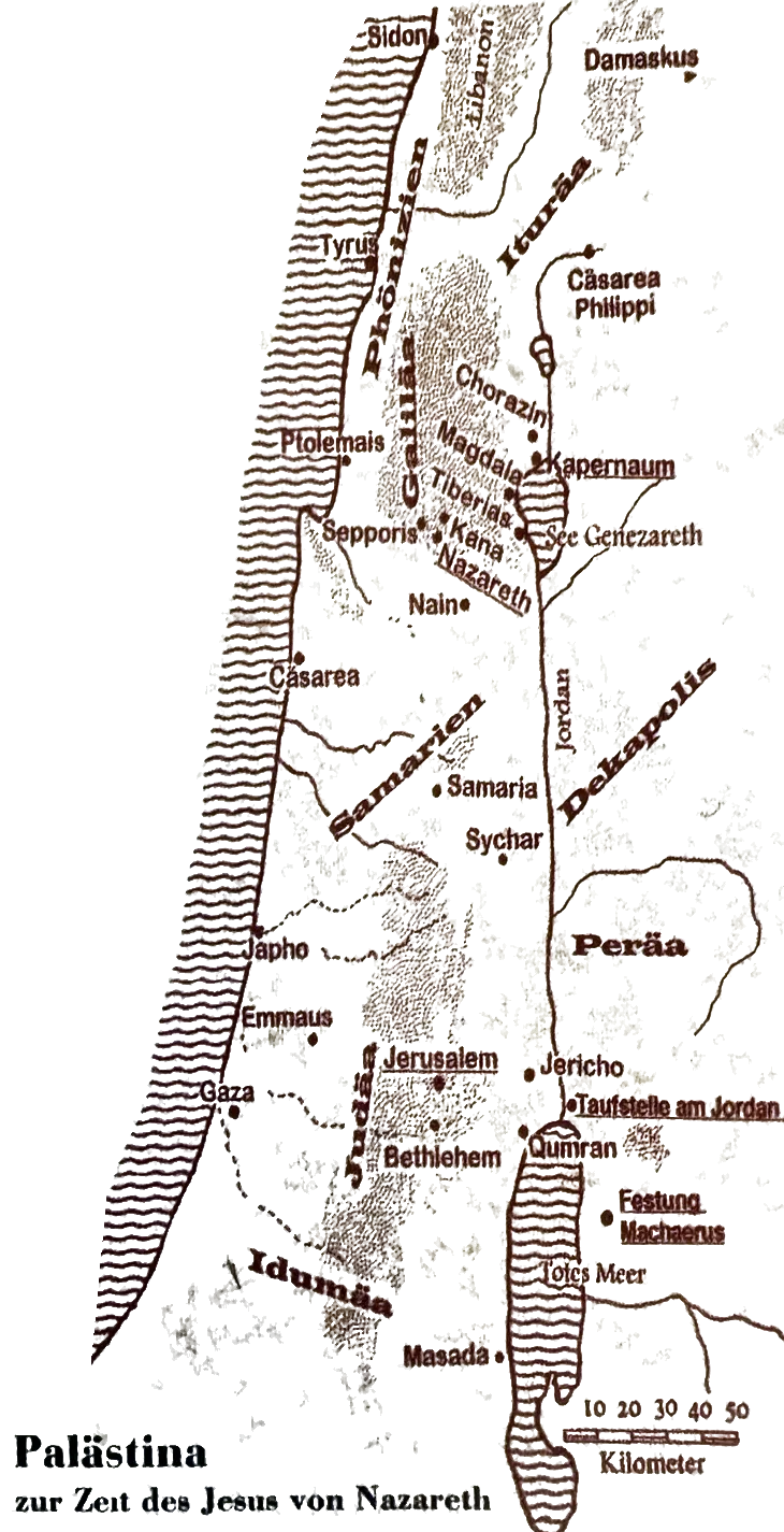 Historische Karte Palästinas zur Zeit Jesu vom Libanon bis zum Toten Meer. Beschreibung siehe Text unter der Karte.