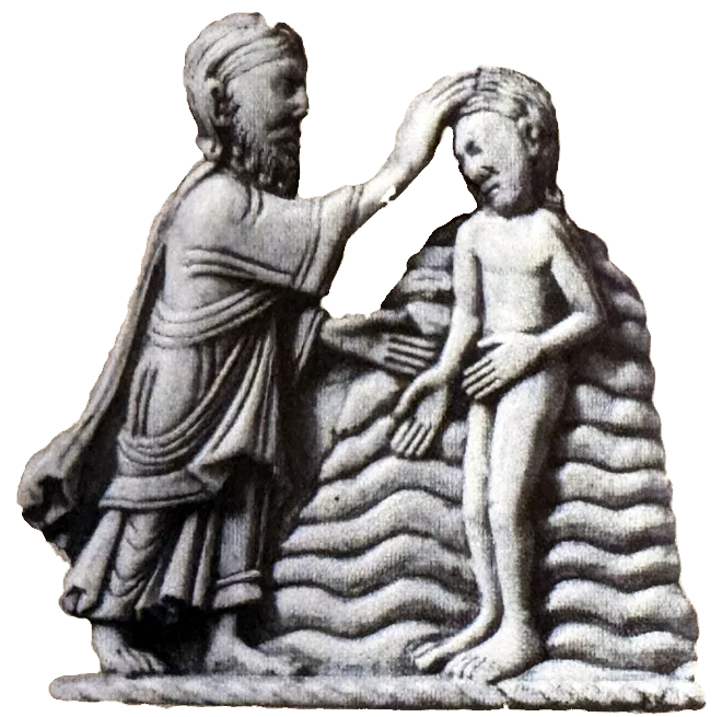 Schwarzweißfoto eines Reliefs: Ein bärtiger Mann mit Kopfbinde und langem Gewand legt einem nackten jungen Mann die Hand auf den Kopf; dieser steht bis über die Knie in hoch aufgetürmten, wellenförmigen Wasserbergen.