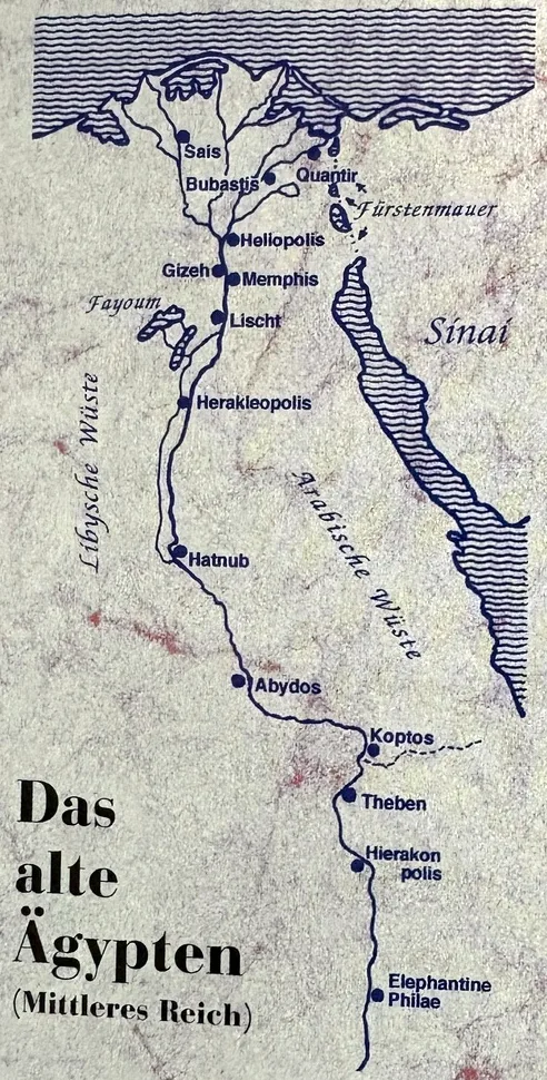 Historische Karte des alten Ägypten im Hochformat, vom Mittelmeer bis zum ersten Nilkatarakt. Beschreibung siehe Text unter der Karte.