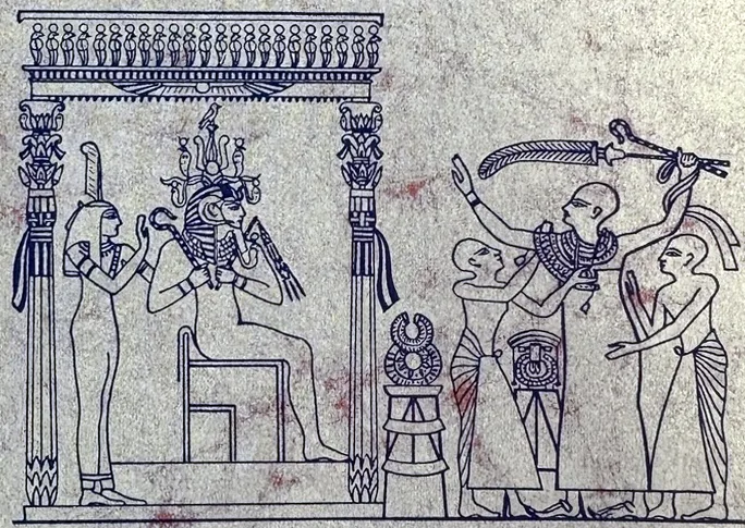 Strichzeichnung in Blau nach einem ägyptischen Wandbild: Links sitzt der Pharao unter einem Baldachin auf dem Thron, hinter ihm steht eine Göttin. Rechts davor steht ein Würdenträger mit Zepter und Wedel in der Hand, zwei Diener legen ihm eine Kette um den Hals.