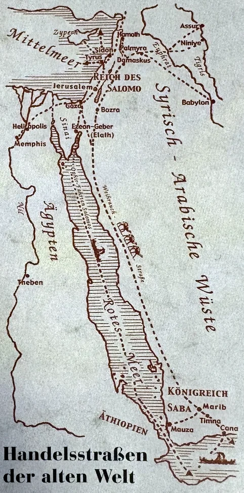 Historische Karte der Handelsstraßen vom Mittelmeer bis Südarabien. Beschreibung siehe Text unter der Karte.