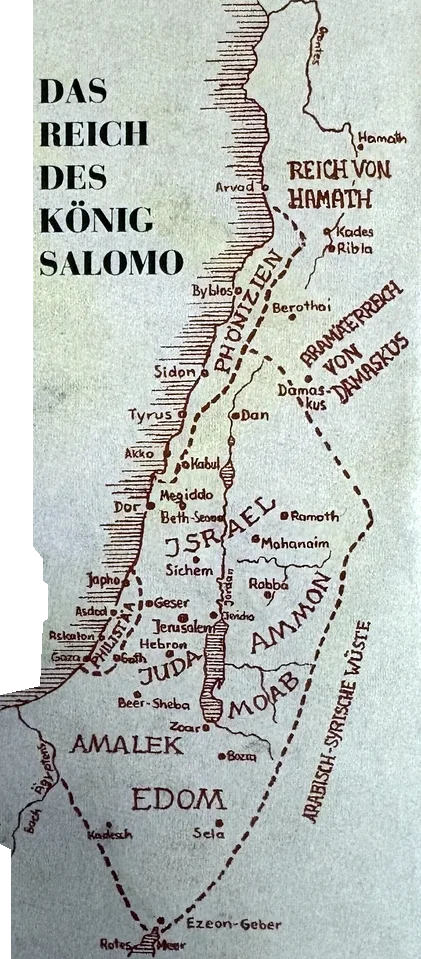 Historische Karte des Reiches König Salomos vom Roten Meer bis zum Orontes. Beschreibung siehe Text unter der Karte.