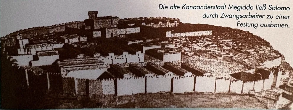 Zeichnung in Braun: Eine ummauerte Festungsstadt auf einem flachen Hügel, mit Toranlage, Türmen und langen Reihen von Gebäuden mit Pfeilern. Oben rechts ist die Bildunterschrift ins Bild gedruckt.