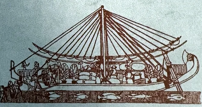 Strichzeichnung eines ägyptischen Segelschiffs: langer, an den Enden hochgezogener Rumpf, ein Mast mit breitem Segel und vielen Tauen, an Deck Ladung, Pflanzen und Tiere, Ruderer an den Seiten.