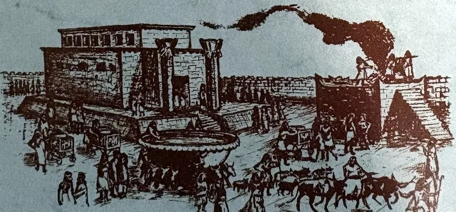 Federzeichnung in Rotbraun: Ein großer, kastenförmiger Tempelbau mit zwei Säulen am Eingang, davor ein großes Becken auf Rinderfiguren; rechts ein Altar mit Treppe, von dem Rauch aufsteigt; im Vordergrund Menschen und eine Herde Rinder.