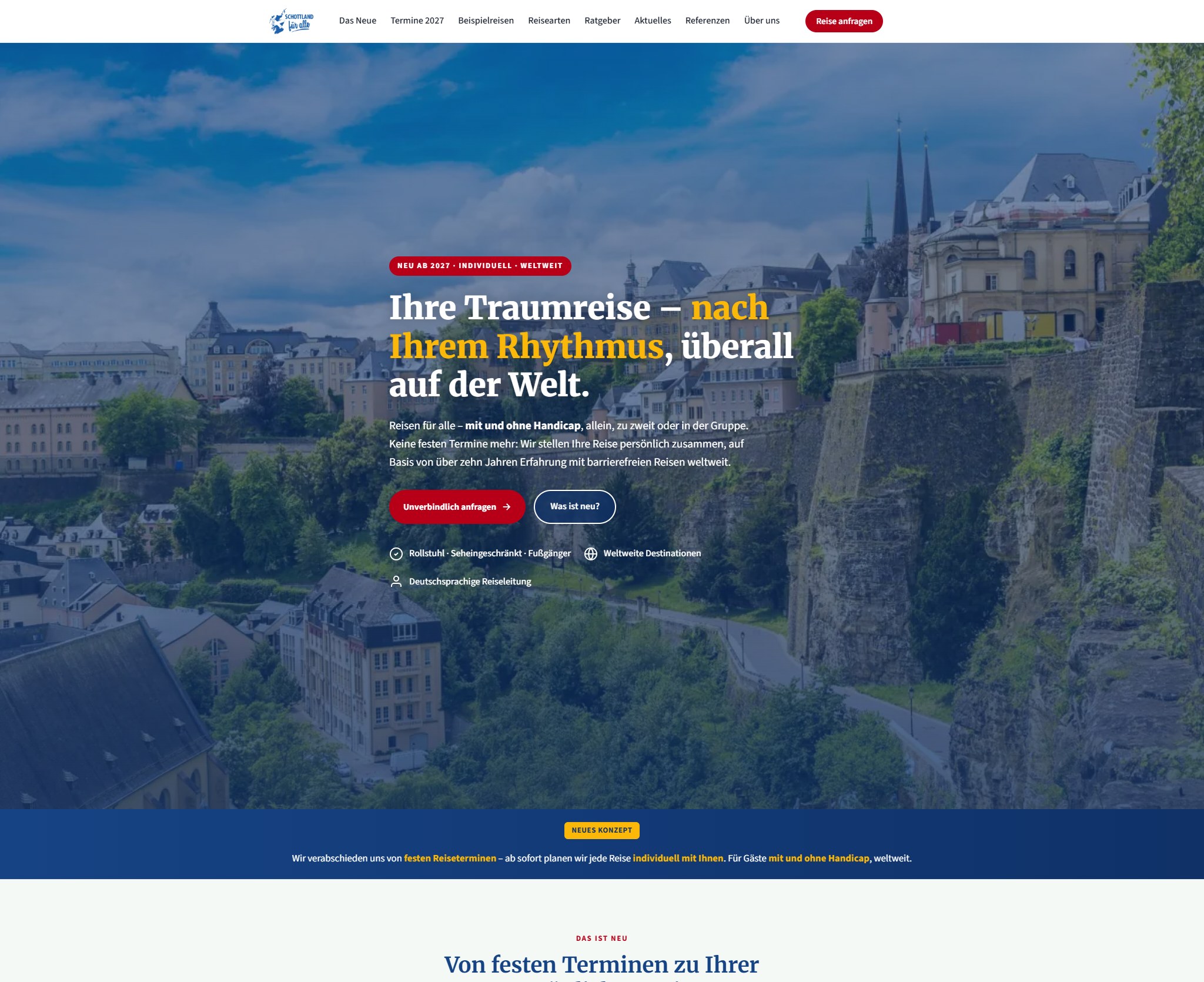Homepage of Schottland für alle, an accessible travel website for individually planned trips worldwide.